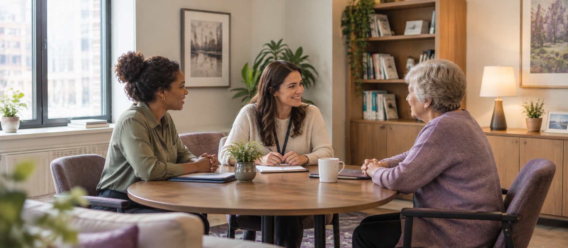 Two coordinators meeting with an older woman at a round table in a bright consultation room