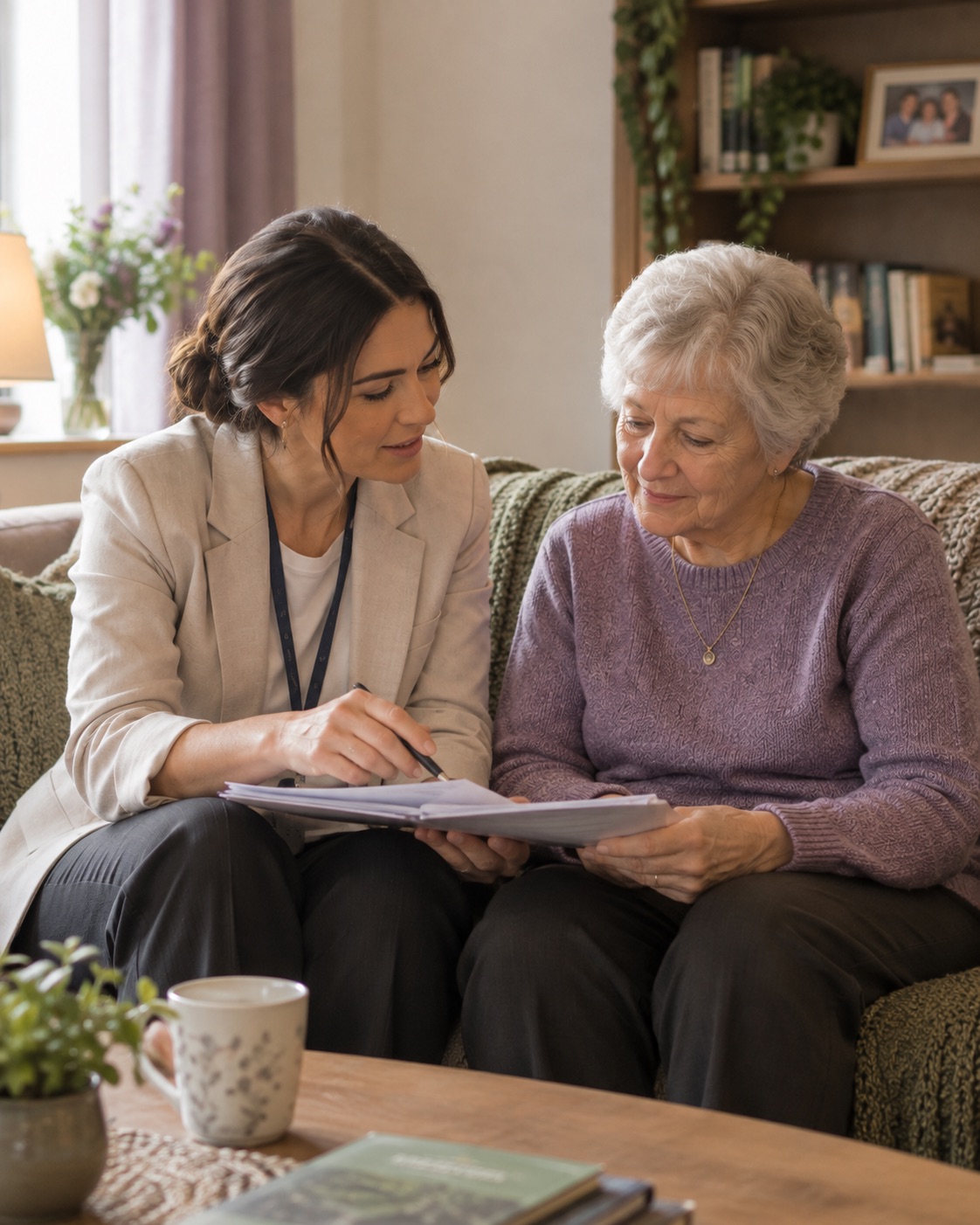 A service coordinator reviewing papers with an older woman on a sofa at home
