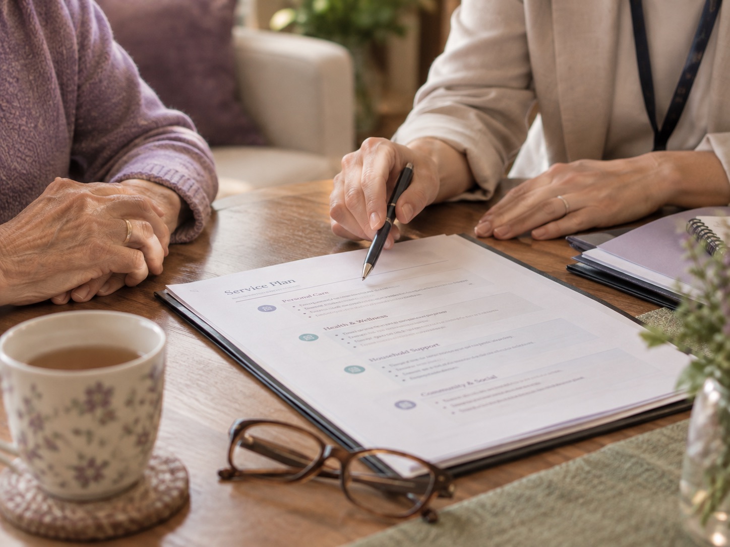 A service plan on a table at home, with an older woman’s hands, a coordinator’s pen, a cup of tea and glasses