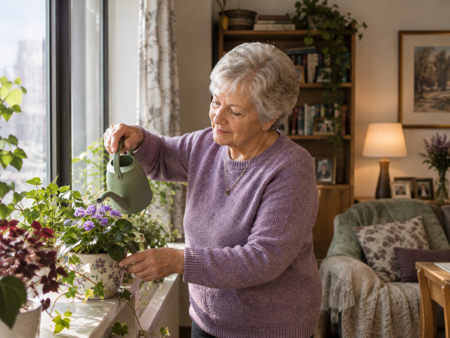 An older woman watering violets on a sunny windowsill in her own home