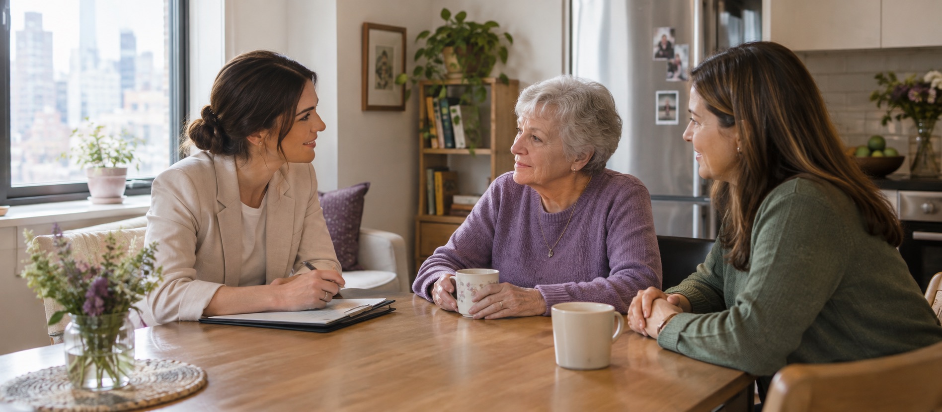 A service coordinator talking with an older woman and her daughter at a kitchen table during a home visit
