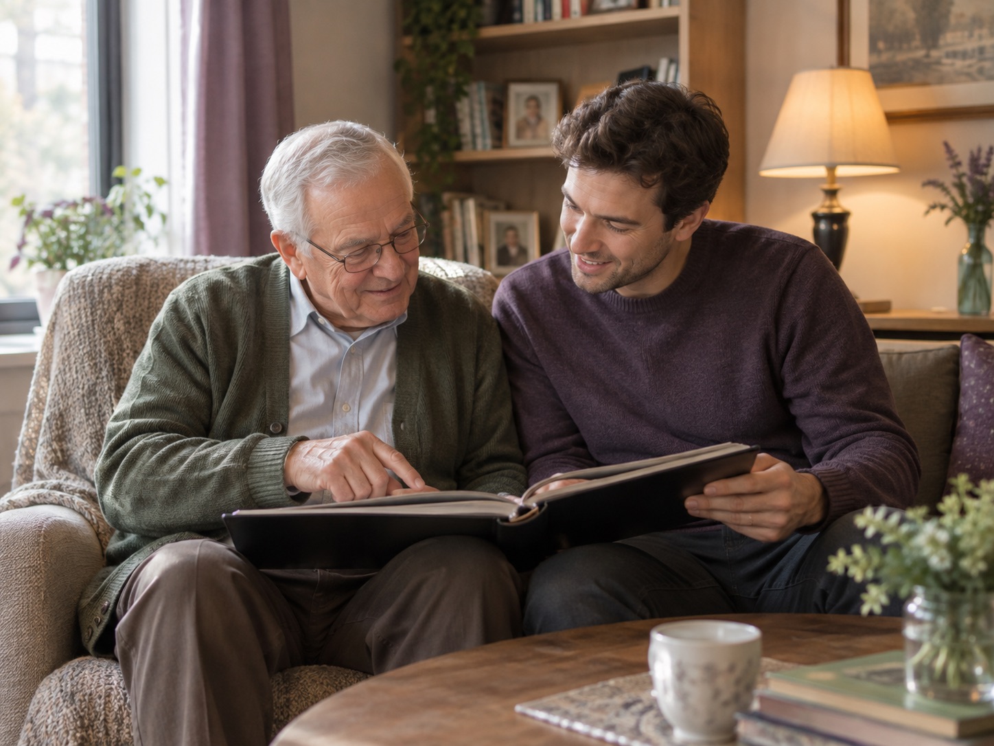An older man and his son looking through a photo album together at home