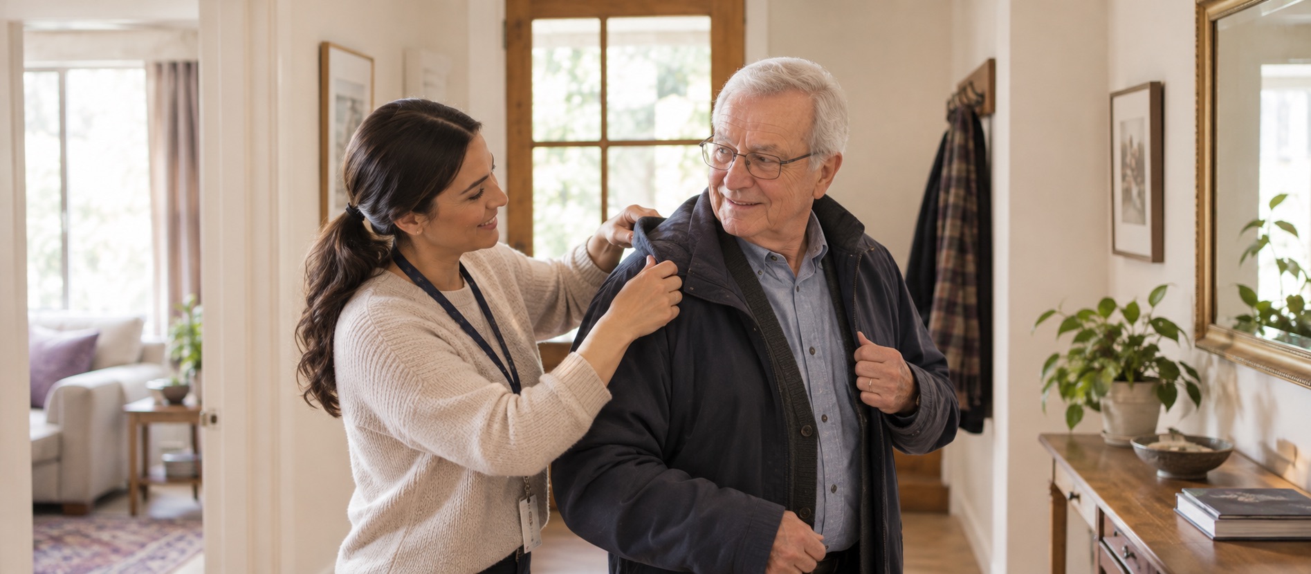A caregiver helping an older man put on his coat in a bright hallway at home